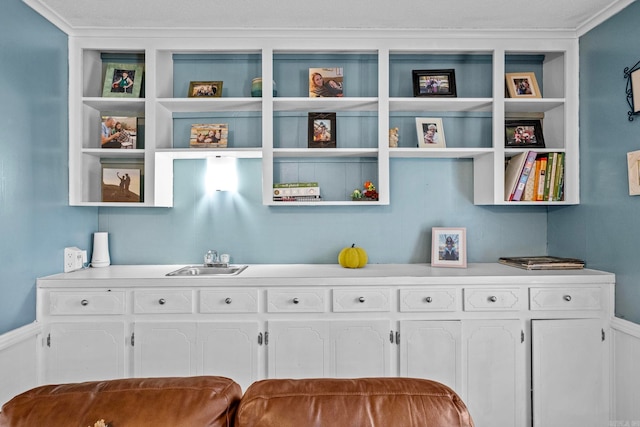 interior space with white cabinets, ornamental molding, and sink