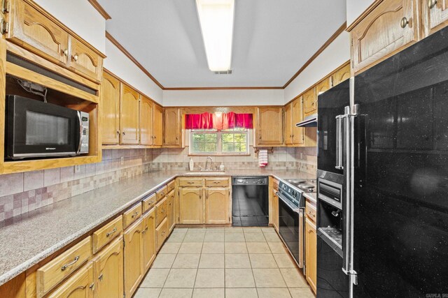 kitchen featuring light tile patterned flooring, backsplash, crown molding, and black appliances