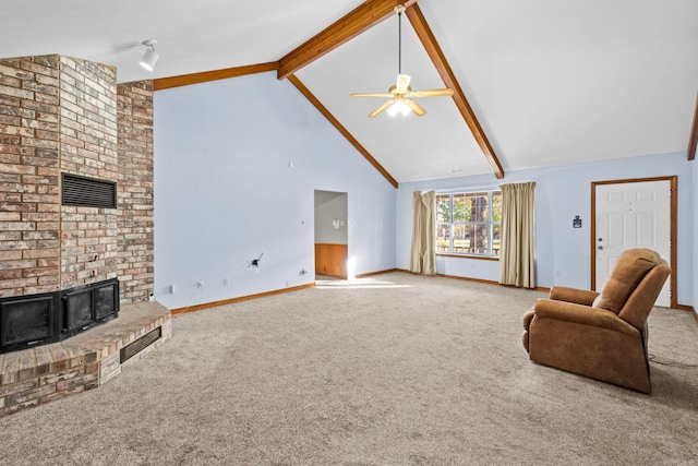 living room featuring a brick fireplace, ceiling fan, beam ceiling, high vaulted ceiling, and carpet floors