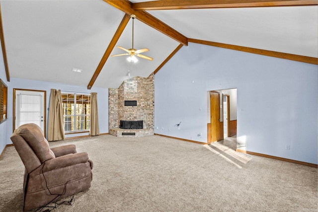 carpeted living room featuring a fireplace, beam ceiling, high vaulted ceiling, and ceiling fan