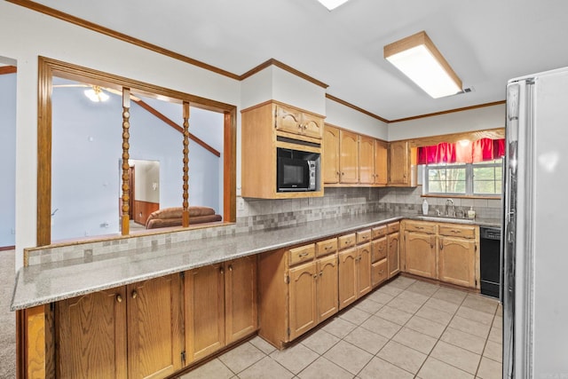 kitchen featuring backsplash, black appliances, crown molding, light tile patterned flooring, and light stone counters