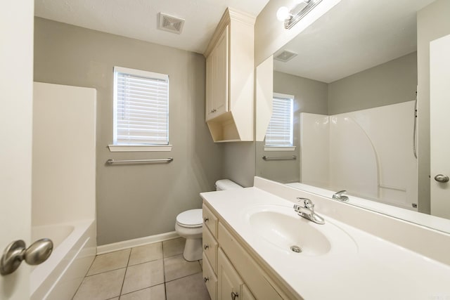 full bathroom with tile patterned floors, vanity, toilet, and tub / shower combination