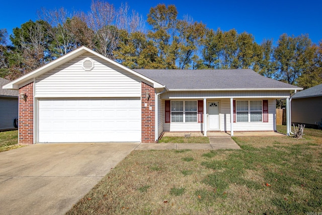 ranch-style house with a porch, a garage, and a front lawn