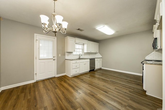 kitchen with white cabinetry, sink, stainless steel dishwasher, and dark hardwood / wood-style floors