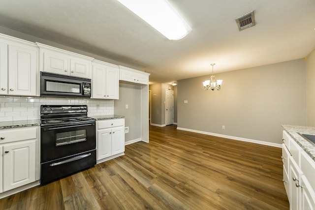 kitchen with black appliances, dark hardwood / wood-style flooring, white cabinets, and light stone countertops