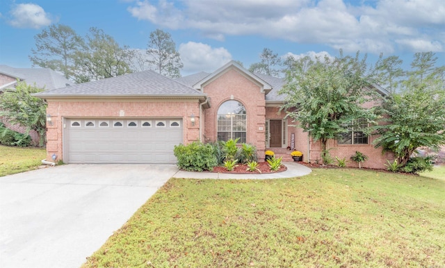 view of front of home with a front yard and a garage