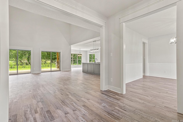 unfurnished room featuring a textured ceiling, a high ceiling, and light wood-type flooring