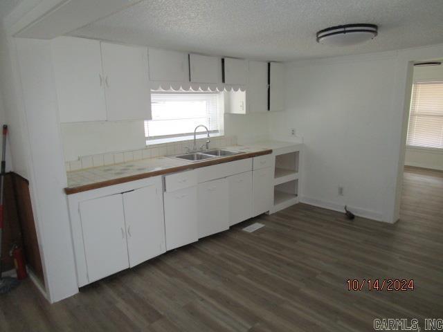 kitchen with white cabinetry, sink, and dark hardwood / wood-style floors