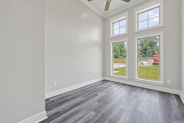 empty room with a healthy amount of sunlight, a towering ceiling, dark wood-type flooring, and ornamental molding