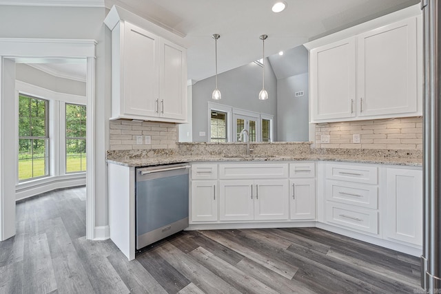 kitchen with stainless steel dishwasher, dark hardwood / wood-style flooring, white cabinets, and sink