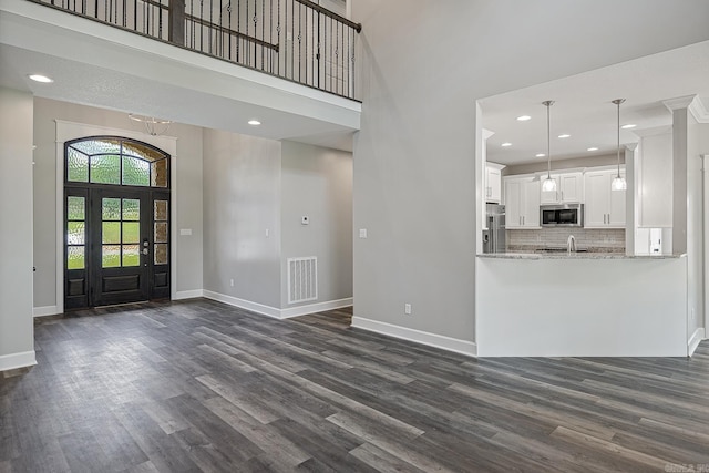 entrance foyer with a high ceiling, dark hardwood / wood-style flooring, and sink