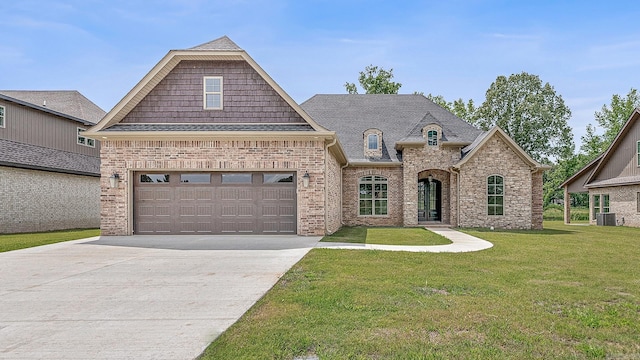 view of front facade with cooling unit, a front yard, and a garage