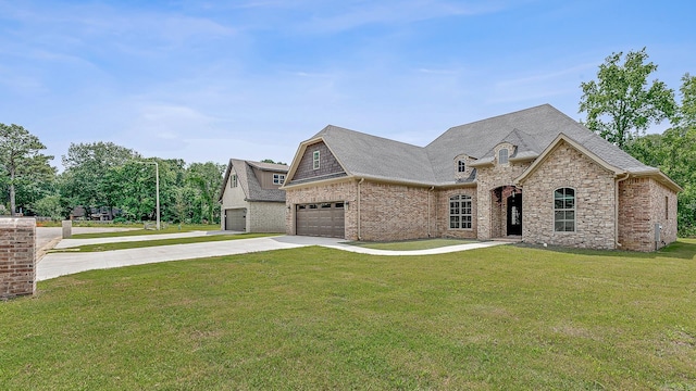 french country inspired facade featuring a garage and a front lawn