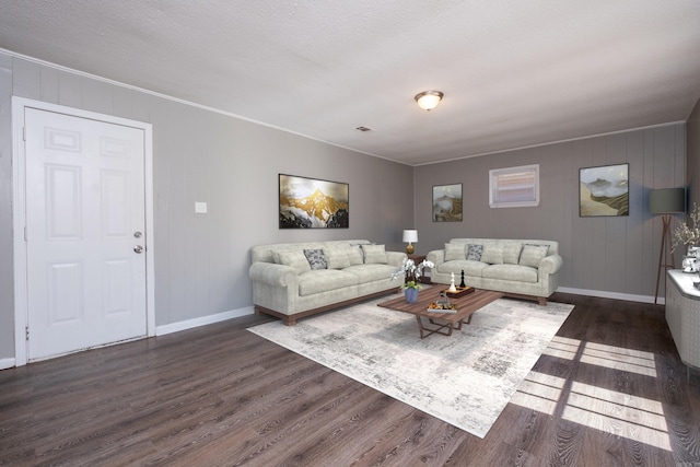 living room with crown molding, dark wood-type flooring, and a textured ceiling