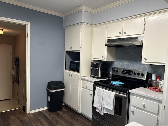 kitchen with tasteful backsplash, electric range, dark hardwood / wood-style flooring, and ornamental molding