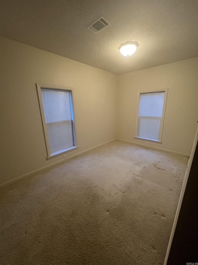 spare room featuring light colored carpet and a textured ceiling