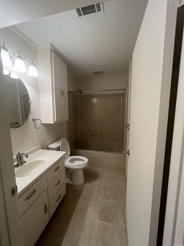 full bathroom with bathing tub / shower combination, vanity, a textured ceiling, and toilet