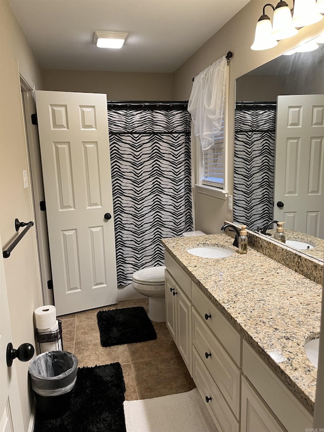 bathroom featuring walk in shower, tile patterned flooring, vanity, and toilet