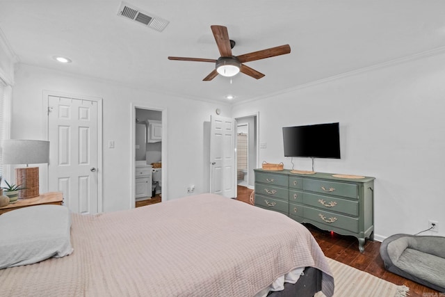 bedroom featuring ceiling fan, dark hardwood / wood-style floors, and ornamental molding