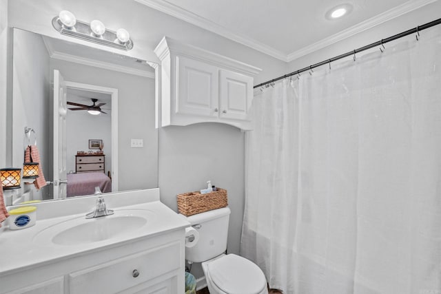 bathroom featuring vanity, ceiling fan, crown molding, toilet, and curtained shower