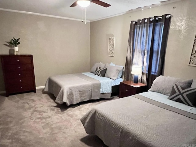 bedroom featuring ceiling fan, light colored carpet, and ornamental molding