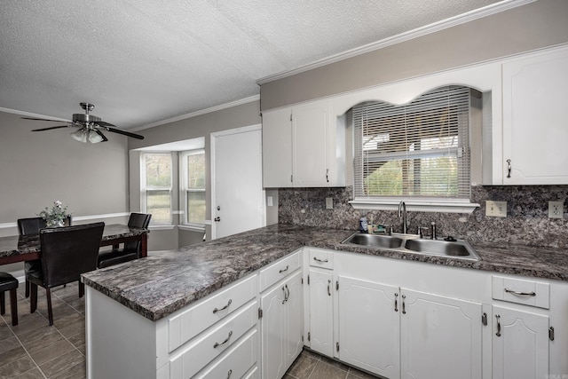 kitchen with kitchen peninsula, backsplash, crown molding, sink, and white cabinetry