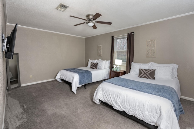 bedroom with carpet flooring, ceiling fan, and ornamental molding