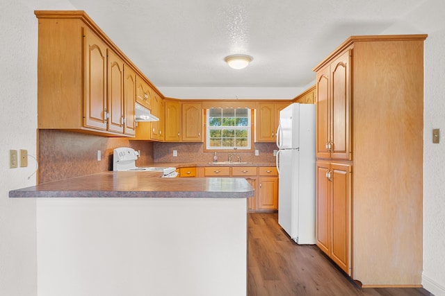 kitchen with kitchen peninsula, white appliances, hardwood / wood-style flooring, and sink