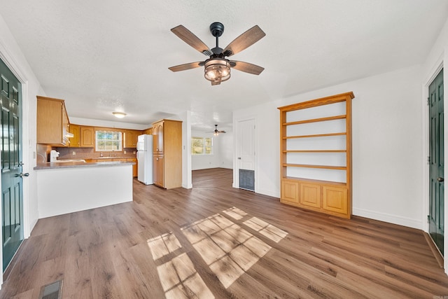 unfurnished living room with a textured ceiling and light wood-type flooring