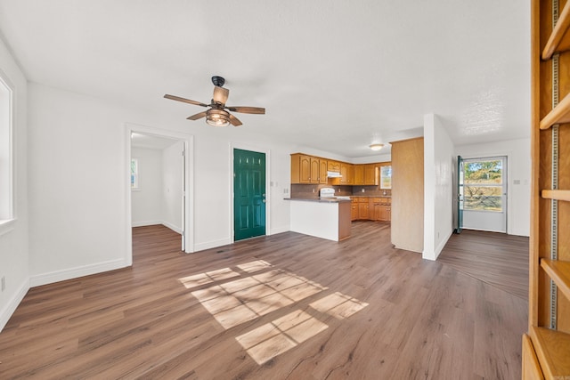 unfurnished living room featuring ceiling fan and light hardwood / wood-style flooring