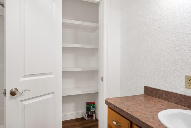 interior space featuring hardwood / wood-style floors, vanity, and built in features