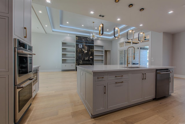 kitchen with sink, a tray ceiling, light hardwood / wood-style floors, and an island with sink