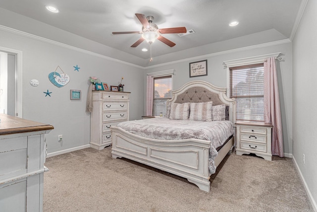 carpeted bedroom featuring ceiling fan and ornamental molding