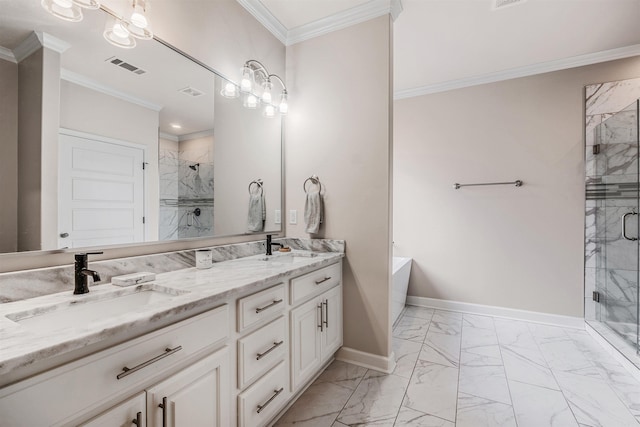 bathroom featuring separate shower and tub, vanity, and ornamental molding