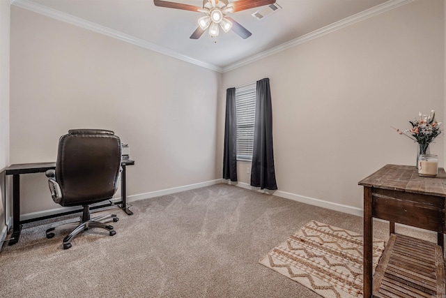 office space featuring ceiling fan, light colored carpet, and ornamental molding