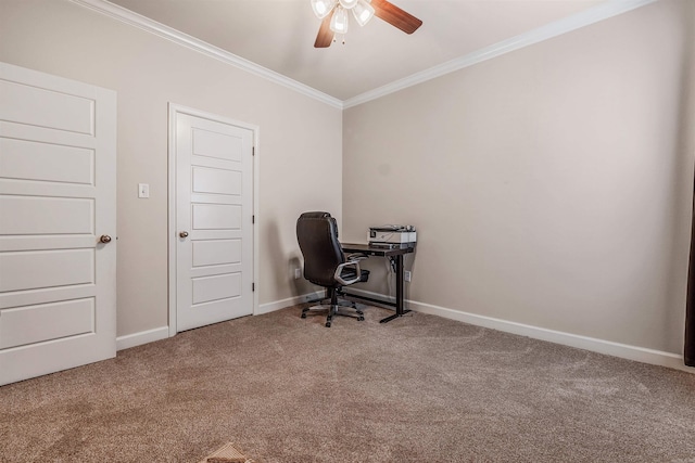 office with ceiling fan, carpet floors, and ornamental molding