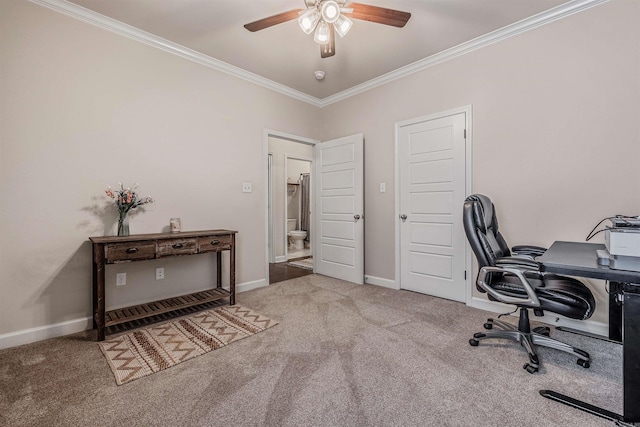 carpeted office space with crown molding and ceiling fan