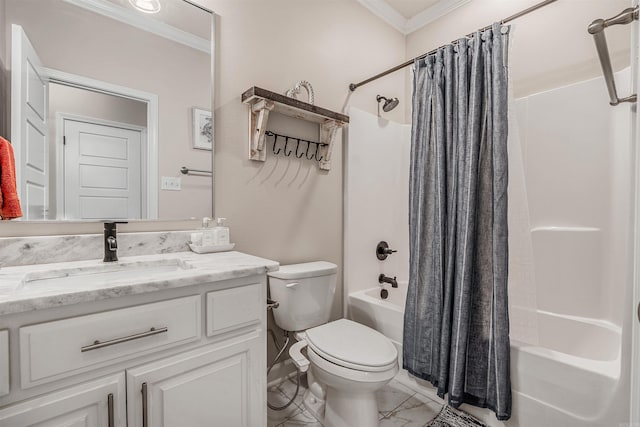 full bathroom featuring vanity, toilet, shower / bathtub combination with curtain, and crown molding