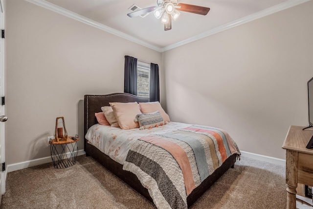 bedroom with carpet flooring, ceiling fan, and crown molding