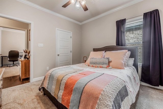 bedroom featuring ceiling fan, ornamental molding, and dark wood-type flooring