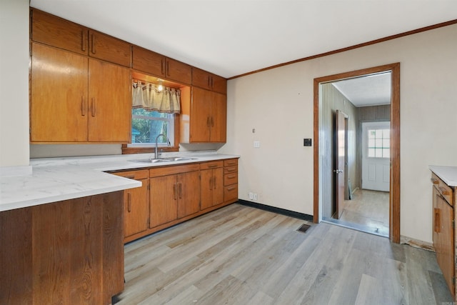 kitchen with sink, light hardwood / wood-style floors, and ornamental molding