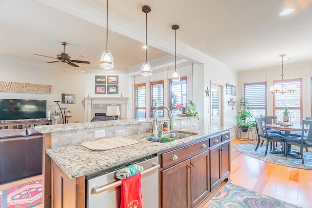 kitchen featuring light hardwood / wood-style floors, stainless steel dishwasher, a healthy amount of sunlight, and sink