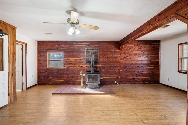 unfurnished living room featuring a wood stove, wood walls, visible vents, and wood finished floors