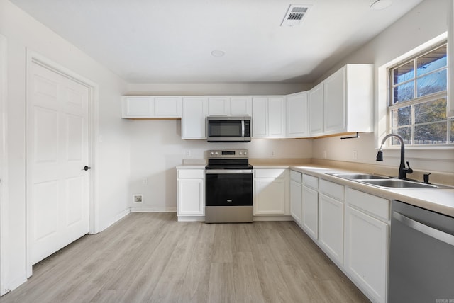 kitchen featuring sink, white cabinetry, stainless steel appliances, and light wood-type flooring