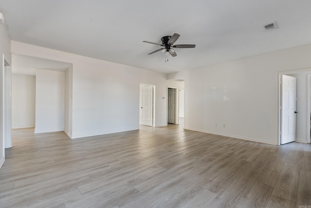 empty room with ceiling fan and light hardwood / wood-style flooring