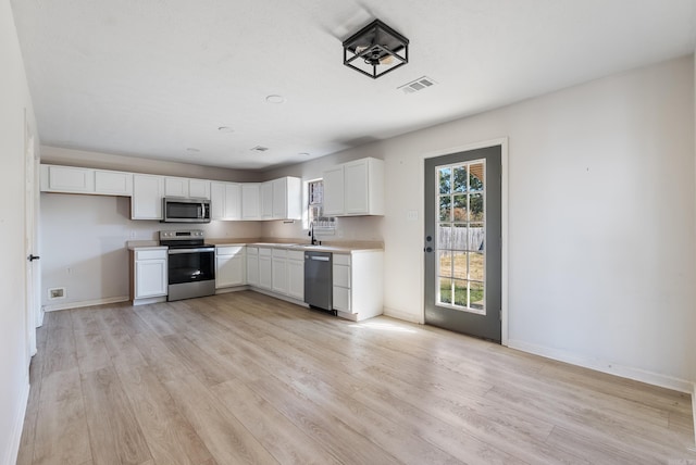 kitchen featuring white cabinetry, sink, light hardwood / wood-style floors, and appliances with stainless steel finishes