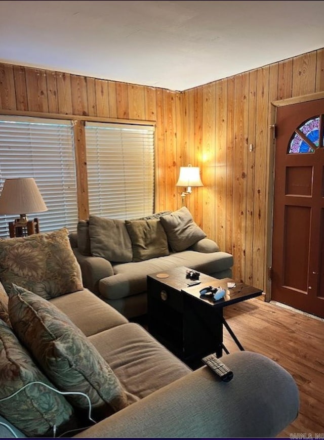 living room with wooden walls and wood-type flooring