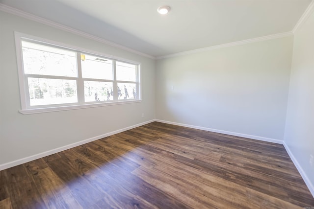 empty room featuring dark hardwood / wood-style floors and ornamental molding