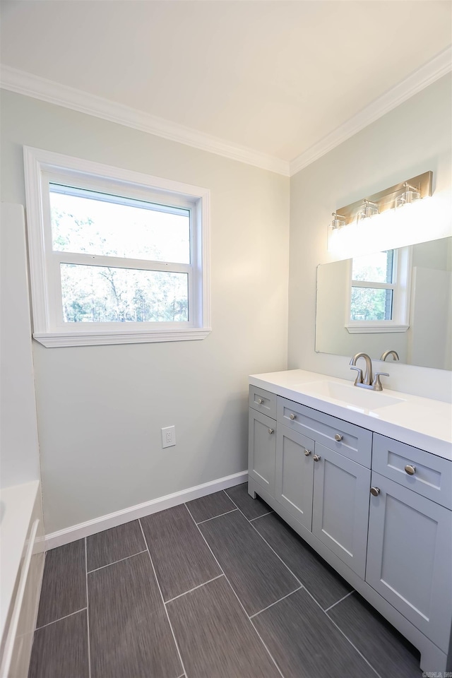 bathroom with a tub, vanity, and ornamental molding