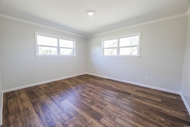 spare room featuring dark hardwood / wood-style flooring and crown molding